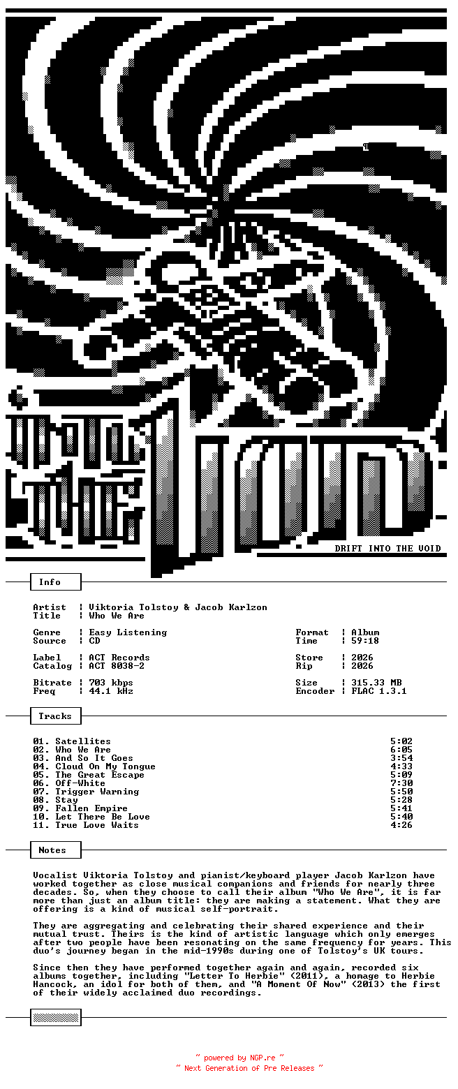 NFO for the release Viktoria_Tolstoy_and_Jacob_Karlzon-Who_We_Are-CD-FLAC-2026-THEVOiD by THEVOiD