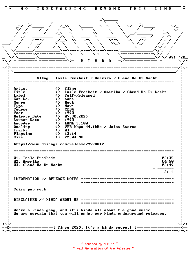 NFO for the release Slaeng-Insle_Freiheit__Amerika__Chend_Vo_Dr_Nacht-CDM-CH-1990-KINDA by KINDA
