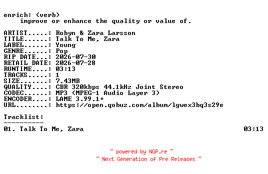 NFO for the release Robyn_and_Zara_Larsson-Talk_To_Me_Zara-SINGLE-WEB-2026-ENRiCH by ENRiCH