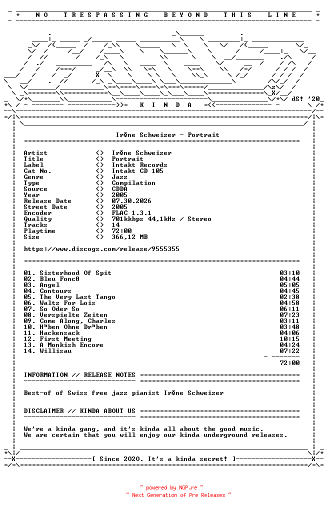 NFO for the release Irene_Schweizer-Portrait-(INTAKTCD105)-CD-FLAC-2005-KINDA by KINDA
