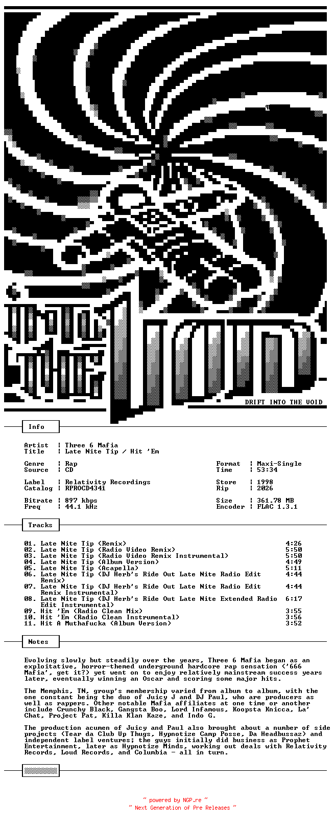 NFO for the release Three_6_Mafia-Late_Nite_Tip-Hit_Em-Promo-CDM-FLAC-1998-THEVOiD by THEVOiD