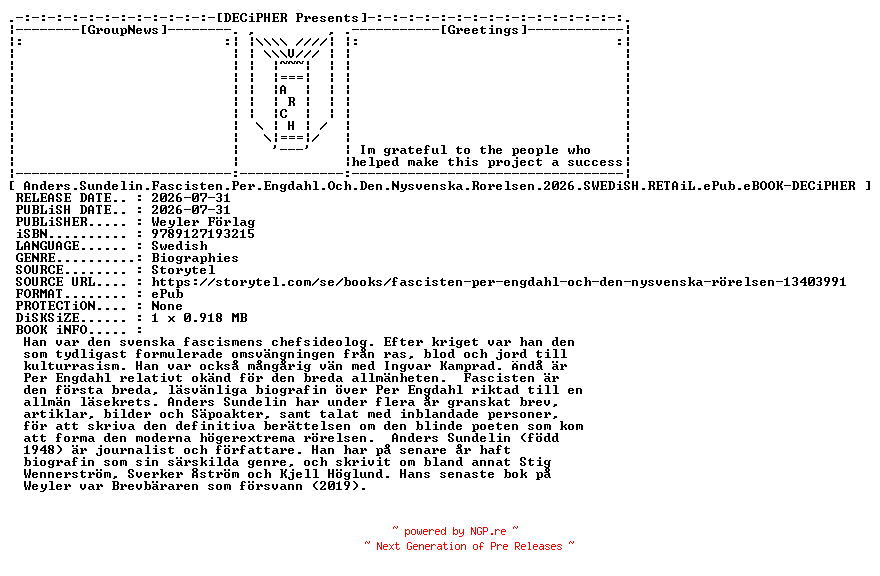 NFO for the release Anders.Sundelin.Fascisten.Per.Engdahl.Och.Den.Nysvenska.Rorelsen.2026.SWEDiSH.RETAiL.ePub.eBOOK-DECiPHER by DECiPHER