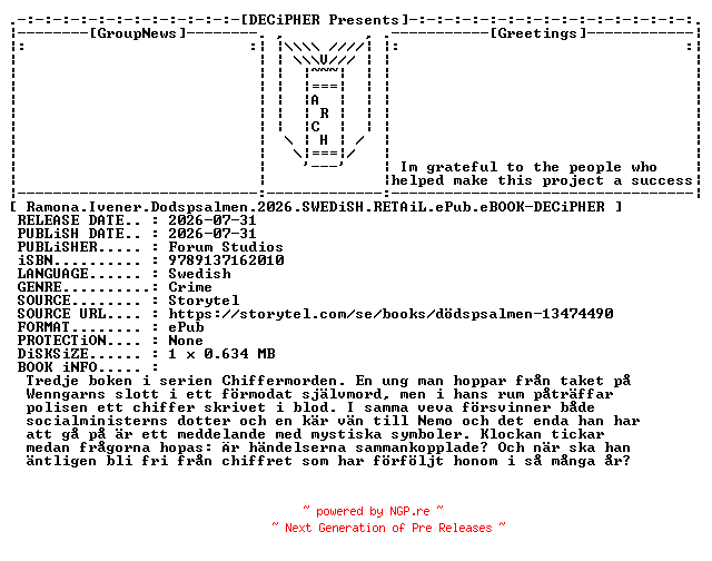 NFO for the release Ramona.Ivener.Dodspsalmen.2026.SWEDiSH.RETAiL.ePub.eBOOK-DECiPHER by DECiPHER