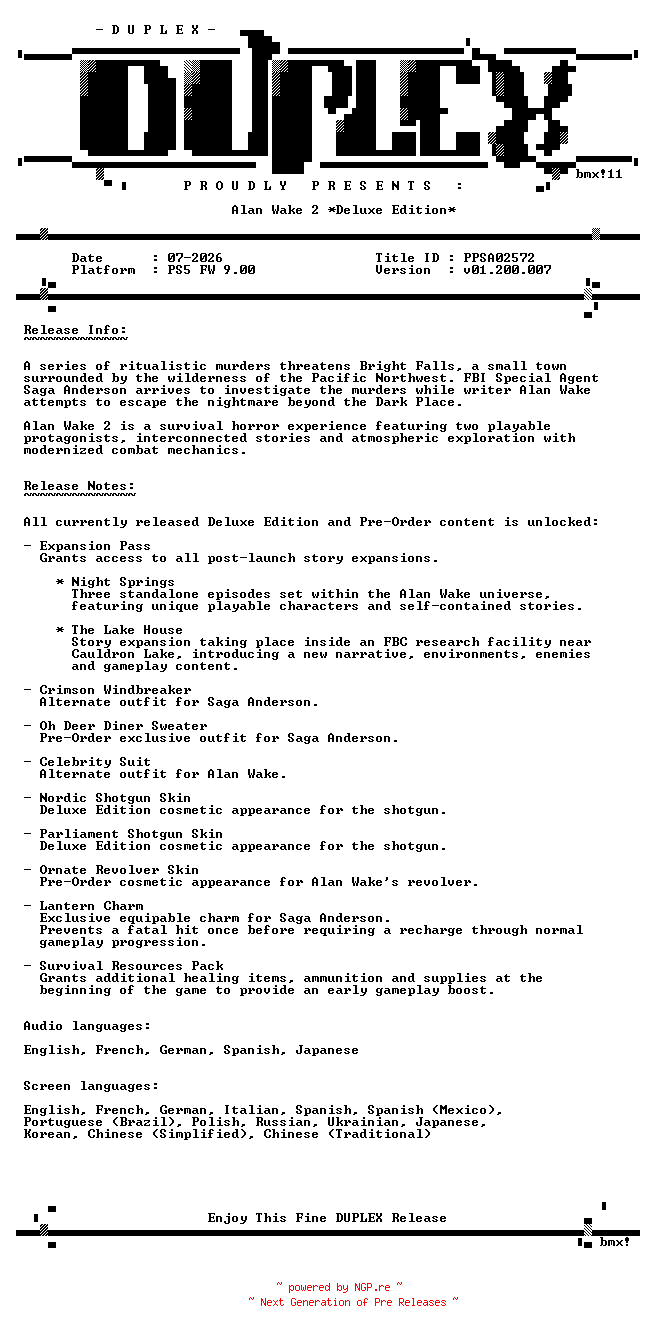 NFO for the release Alan.Wake.2.Deluxe.Edition.PS5-DUPLEX by DUPLEX