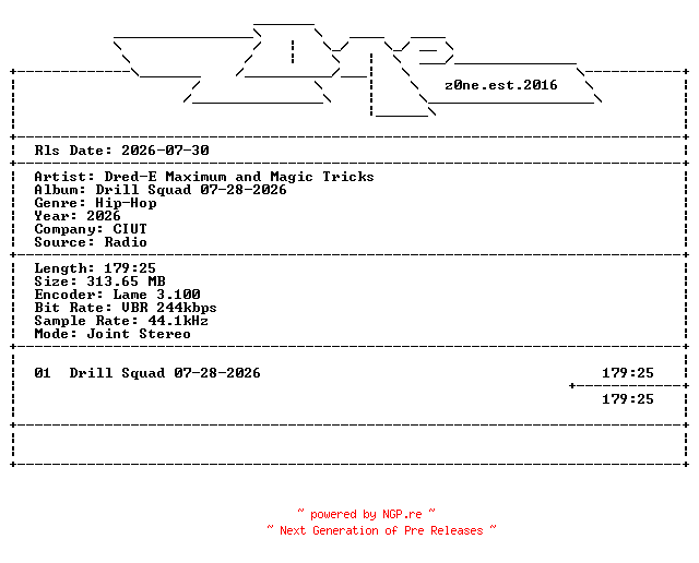 NFO for the release Dred-E_Maximum_and_Magic_Tricks-Drill_Squad-DAB-07-28-2026-z0ne by z0ne