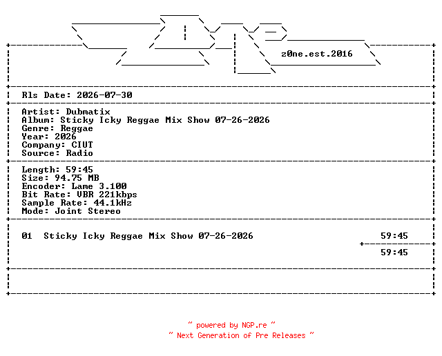 NFO for the release Dubmatix-Sticky_Icky_Reggae_Mix_Show-DAB-07-26-2026-z0ne by z0ne