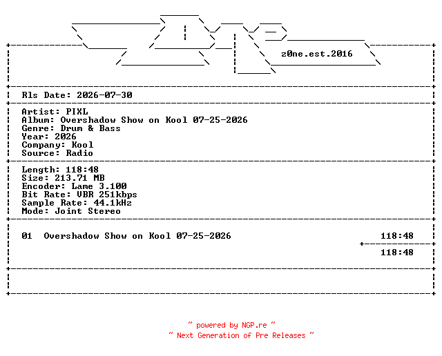 NFO for the release PIXL-Overshadow_Show_on_Kool-DAB-07-25-2026-z0ne by z0ne