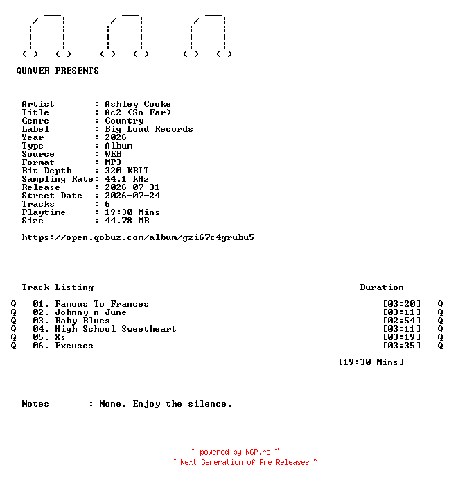 NFO for the release Ashley_Cooke-Ac2_(So_Far)-EP-WEB-2026-QUAVER by QUAVER