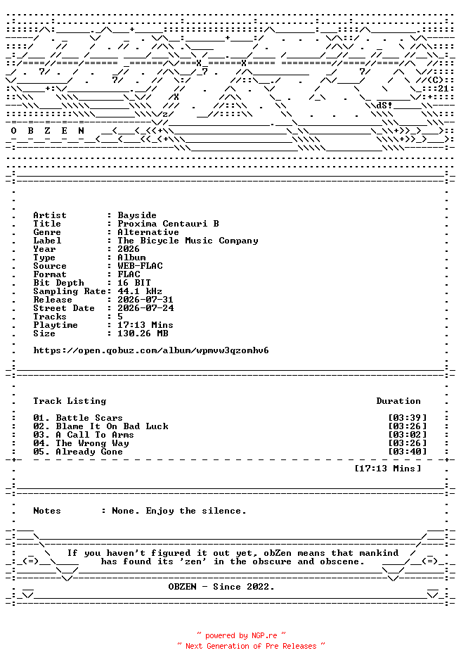 NFO for the release Bayside-Proxima_Centauri_B-EP-16BIT-WEB-FLAC-2026-OBZEN by OBZEN