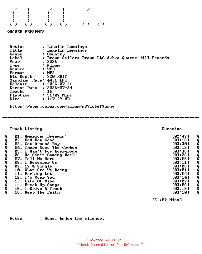 NFO for the release Lakelin_Lemmings-Lakelin_Lemmings-WEB-2026-QUAVER by QUAVER