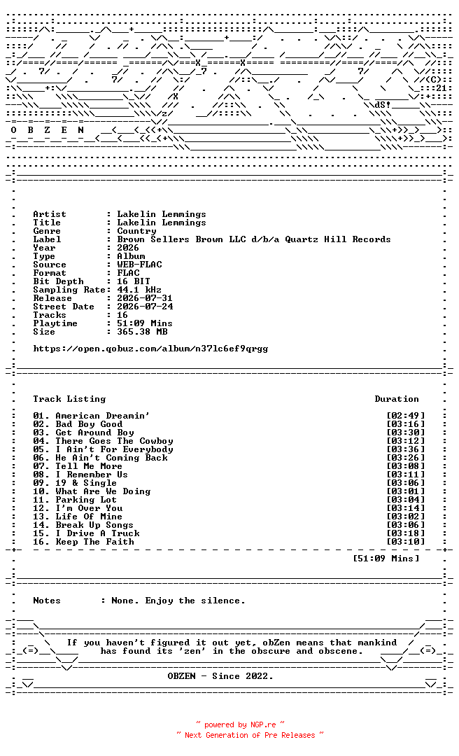 NFO for the release Lakelin_Lemmings-Lakelin_Lemmings-16BIT-WEB-FLAC-2026-OBZEN by OBZEN