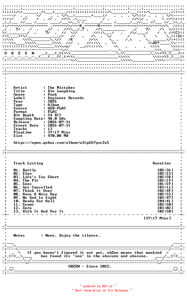NFO for the release The_Mistakes-Die_Laughing-24BIT-48KHZ-WEB-FLAC-2026-OBZEN by OBZEN