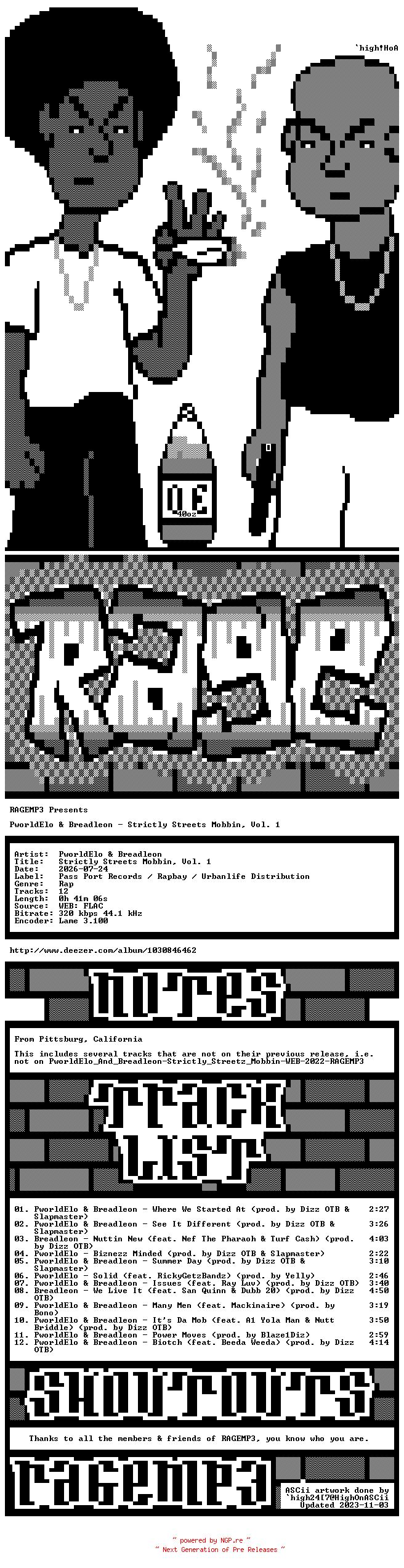 NFO for the release PworldElo_And_Breadleon-Strictly_Streets_Mobbin_Vol._1-WEB-2026-RAGEMP3 by RAGEMP3