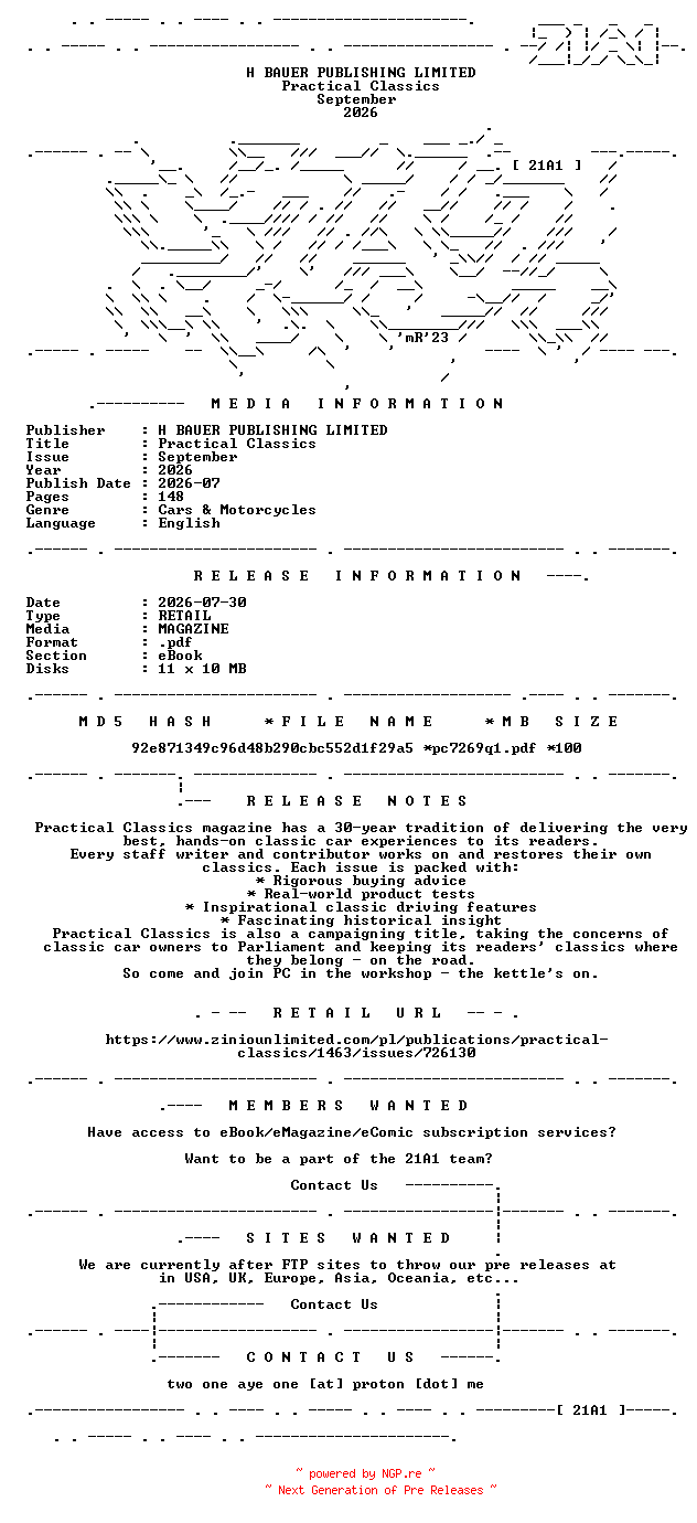 NFO for the release Practical.Classics.September.2026.RETAIL.MAGAZINE.eBook-21A1 by 21A1