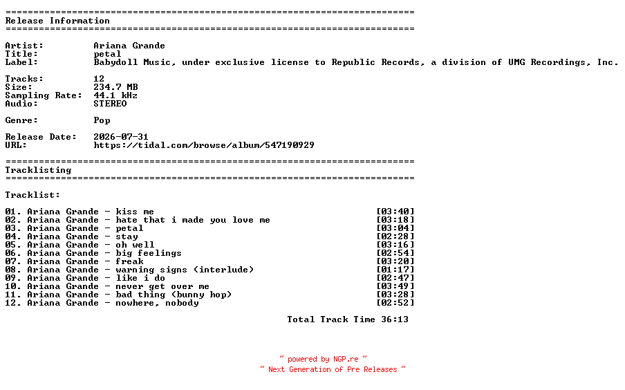 NFO for the release Ariana_Grande-petal-24BIT-WEBFLAC-2026-MyDad by MyDad