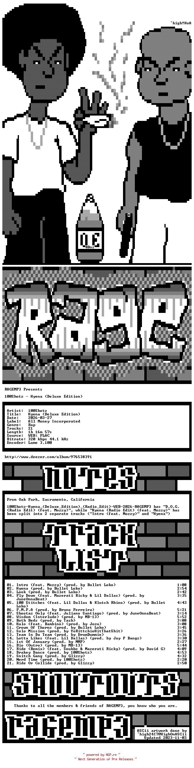 NFO for the release 100Shotz-Hyena_(Deluxe_Edition)-EXPLICIT-WEB-2026-RAGEMP3 by RAGEMP3