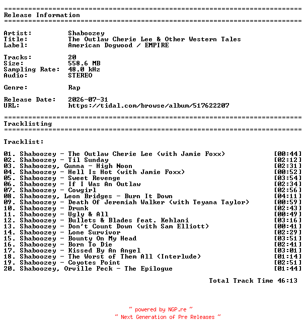 NFO for the release Shaboozey-The_Outlaw_Cherie_Lee_and_Other_Western_Tales-24BIT-WEBFLAC-2026-Boozey by Boozey
