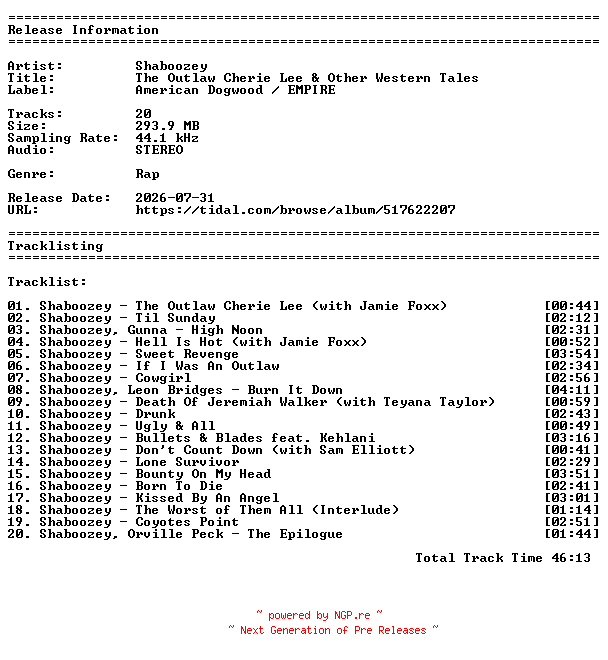 NFO for the release Shaboozey-The_Outlaw_Cherie_Lee_and_Other_Western_Tales-16BIT-WEBFLAC-2026-Boozey by Boozey