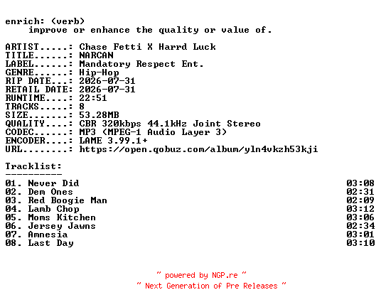 NFO for the release Chase_Fetti_X_Harrd_Luck-NARCAN-WEB-2026-ENRiCH by ENRiCH
