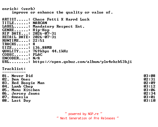 NFO for the release Chase_Fetti_X_Harrd_Luck-NARCAN-16BIT-WEB-FLAC-2026-ENRiCH by ENRiCH