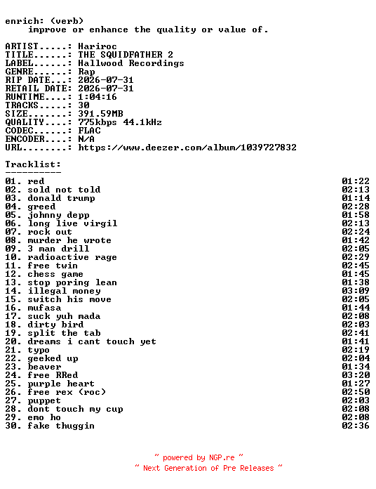 NFO for the release Hariroc-THE_SQUIDFATHER_2-16BIT-WEB-FLAC-2026-ENRiCH by ENRiCH