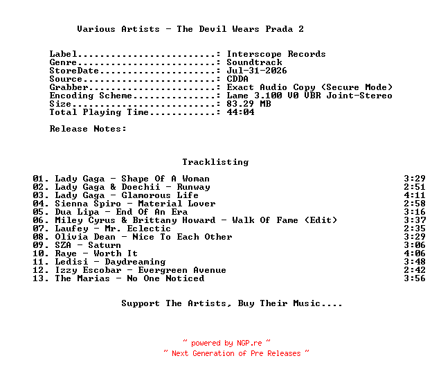 NFO for the release VA-The_Devil_Wears_Prada_2-OST-2026-C4 by C4