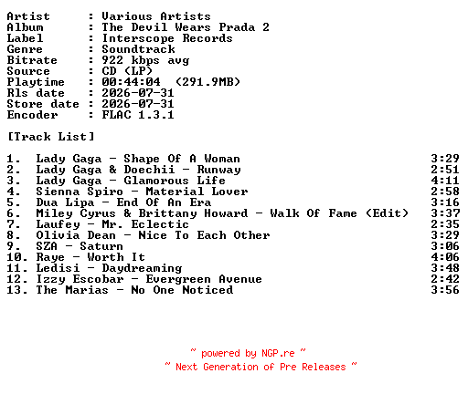 NFO for the release VA-The_Devil_Wears_Prada_2-OST-CD-FLAC-2026-PERFECT by PERFECT