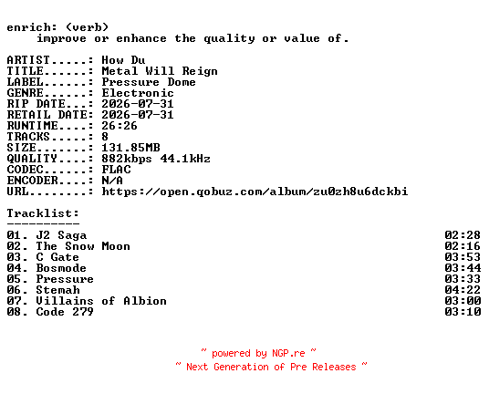 NFO for the release How_Du-Metal_Will_Reign-16BIT-WEB-FLAC-2026-ENRiCH by ENRiCH