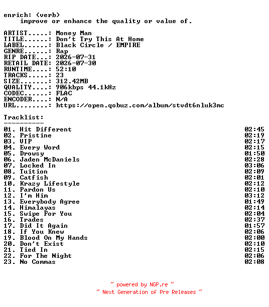 NFO for the release Money_Man-Dont_Try_This_At_Home-16BIT-WEB-FLAC-2026-ENRiCH by ENRiCH