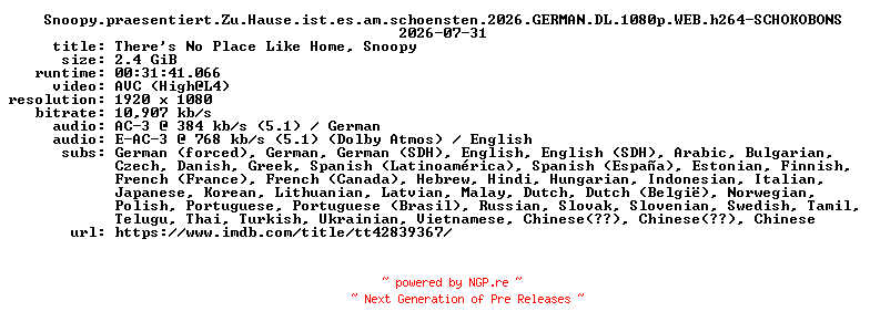 NFO for the release Snoopy.praesentiert.Zu.Hause.ist.es.am.schoensten.2026.GERMAN.DL.1080p.WEB.h264-SCHOKOBONS by SCHOKOBONS