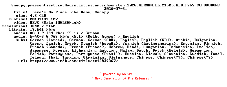 NFO for the release Snoopy.praesentiert.Zu.Hause.ist.es.am.schoensten.2026.GERMAN.DL.2160p.WEB.h265-SCHOKOBONS by SCHOKOBONS