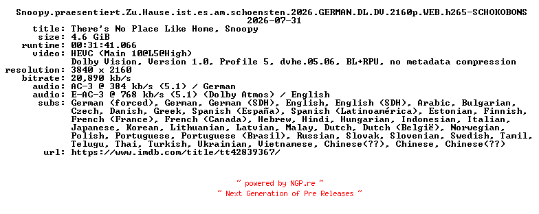 NFO for the release Snoopy.praesentiert.Zu.Hause.ist.es.am.schoensten.2026.GERMAN.DL.DV.2160p.WEB.h265-SCHOKOBONS by SCHOKOBONS