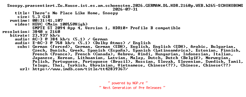 NFO for the release Snoopy.praesentiert.Zu.Hause.ist.es.am.schoensten.2026.GERMAN.DL.HDR.2160p.WEB.h265-SCHOKOBONS by SCHOKOBONS