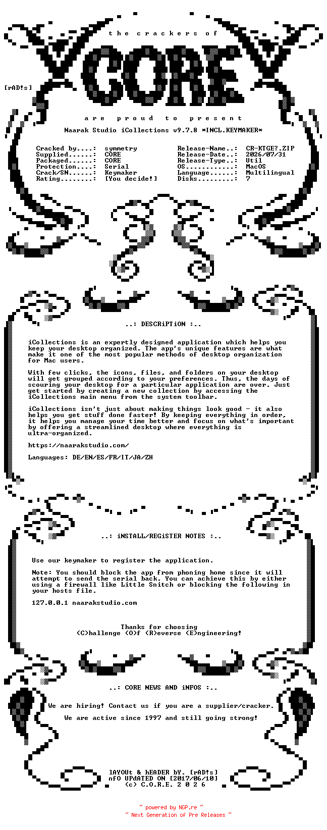 NFO for the release Naarak.Studio.iCollections.v9.7.8.MacOS.UB.Multilingual.Incl.Keymaker-CORE by CORE