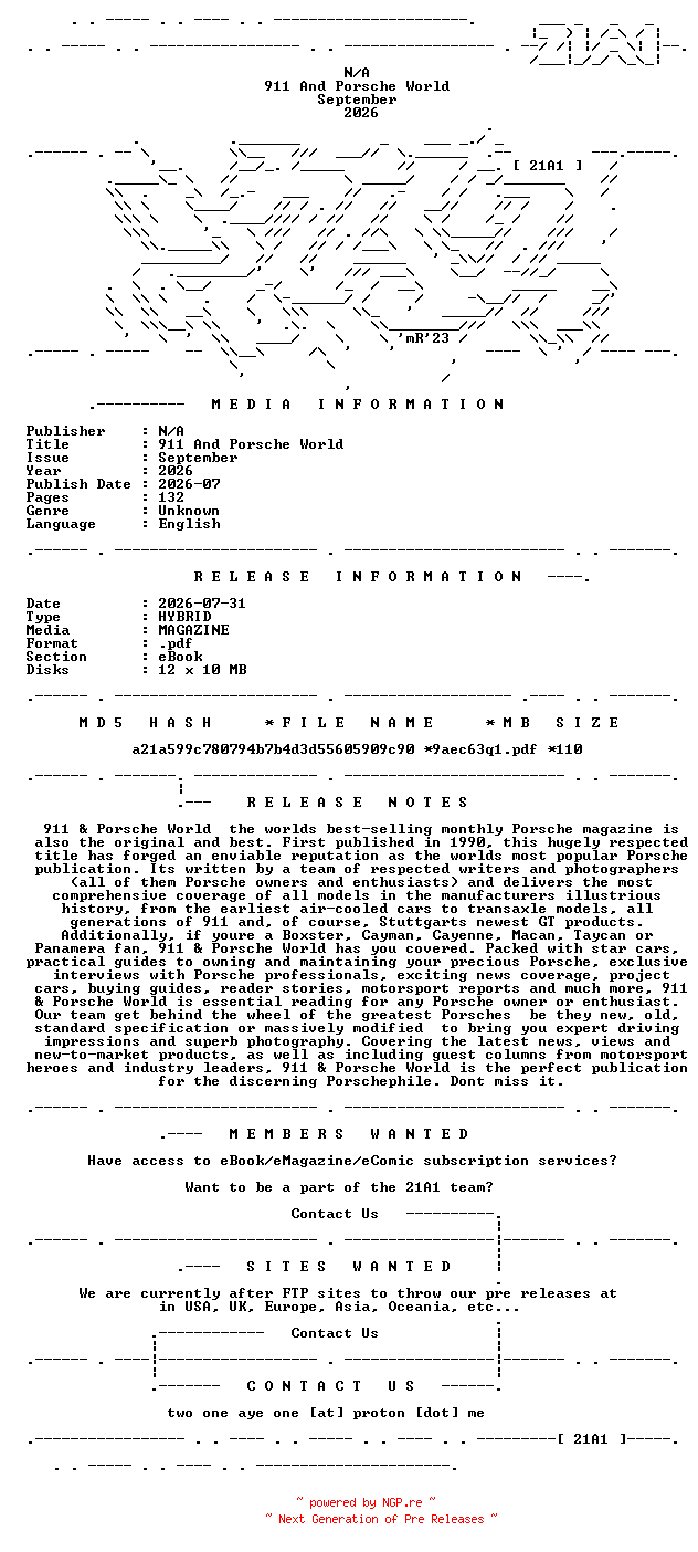 NFO for the release 911.And.Porsche.World.September.2026.HYBRID.MAGAZINE.eBook-21A1 by 21A1