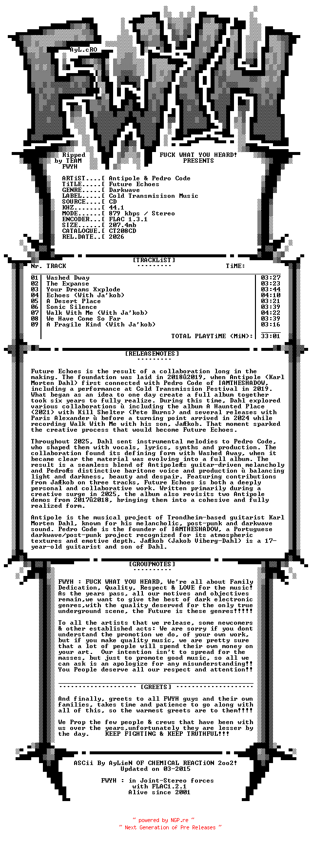 NFO for the release Antipole_And_Pedro_Code-Future_Echoes-CD-FLAC-2026-FWYH by FWYH