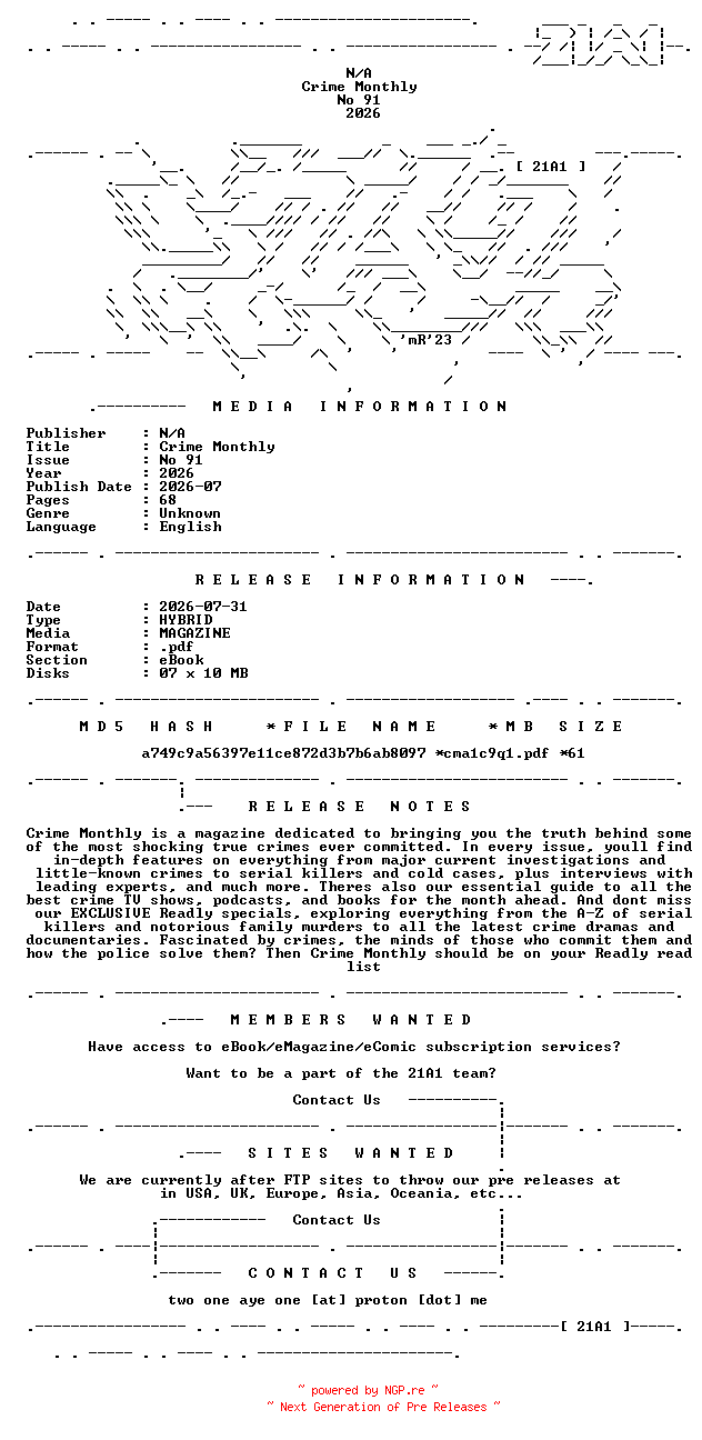 NFO for the release Crime.Monthly.No.91.2026.HYBRID.MAGAZINE.eBook-21A1 by 21A1