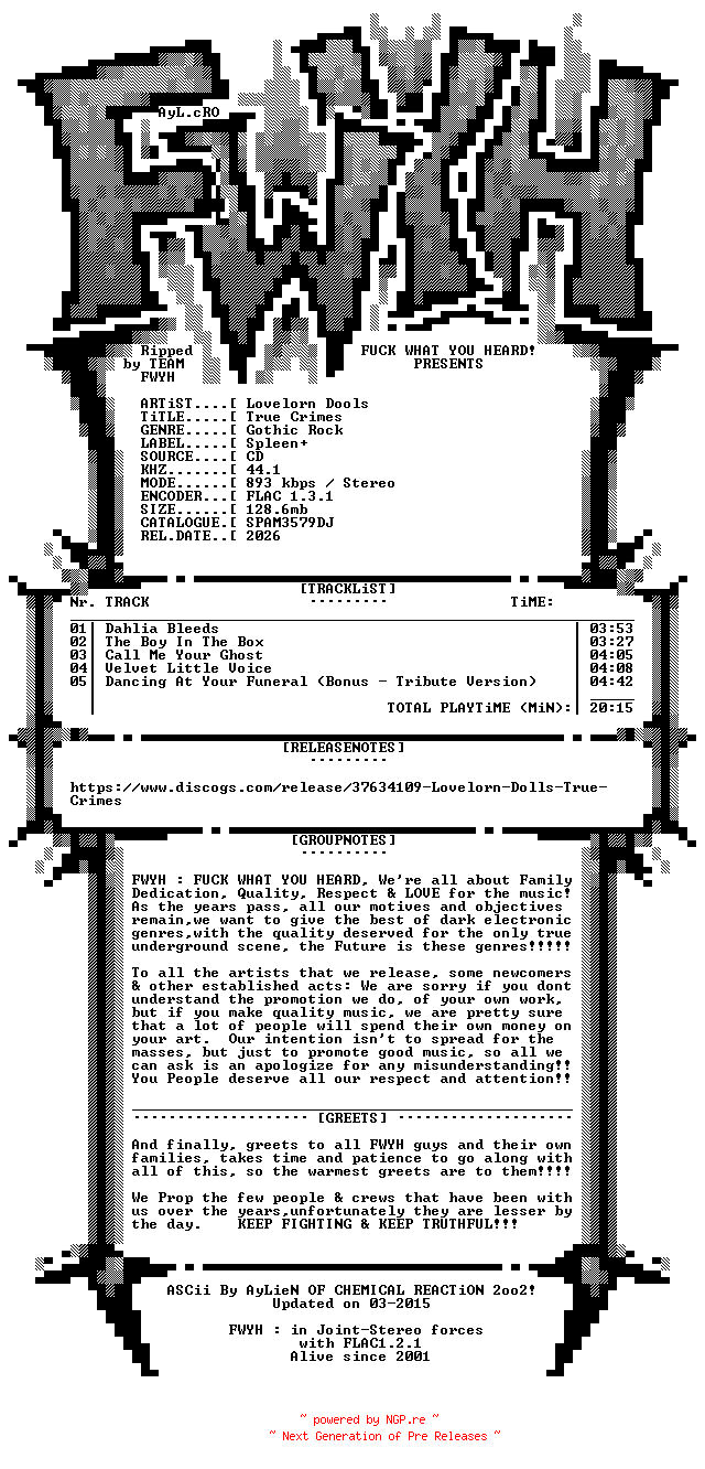 NFO for the release Lovelorn_Dools-True_Crimes-Limited_Edition-CDEP-FLAC-2026-FWYH by FWYH