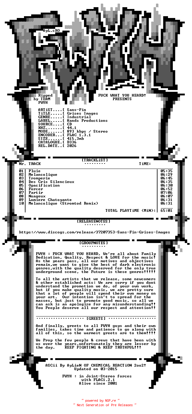 NFO for the release Sans-Fin-Grises_Images-CD-FLAC-2026-FWYH by FWYH