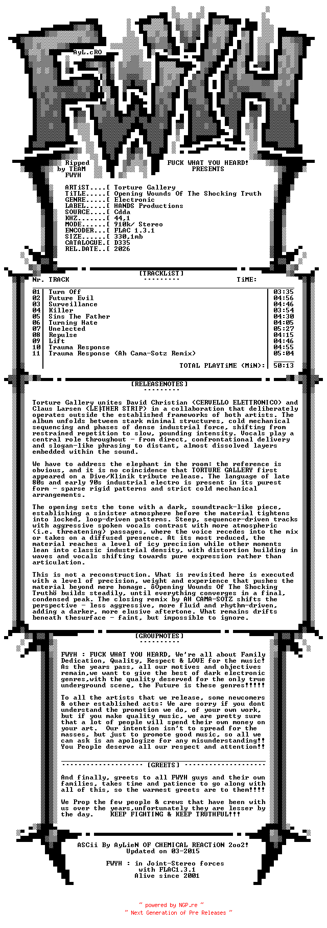 NFO for the release Torture_Gallery-Opening_Wounds_Of_The_Shocking_Truth-CD-FLAC-2026-FWYH by FWYH
