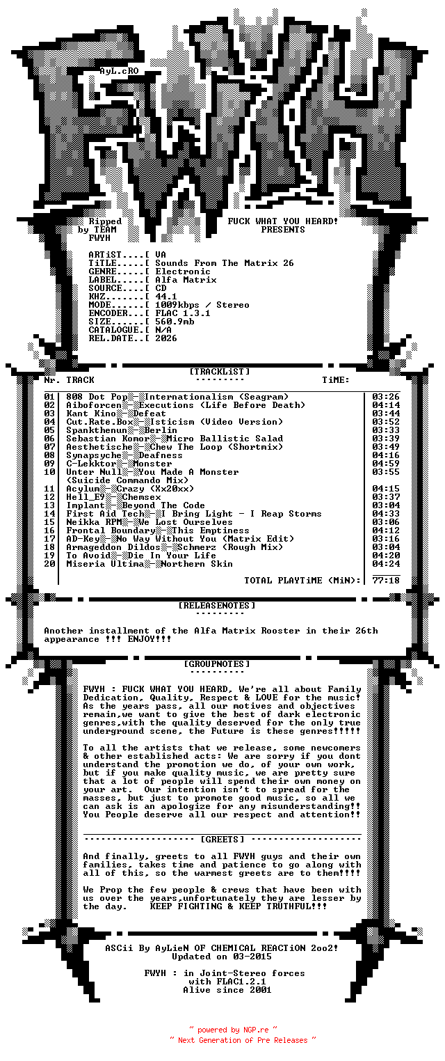 NFO for the release VA-Sounds_From_The_Matrix_26-CD-FLAC-2026-FWYH by FWYH