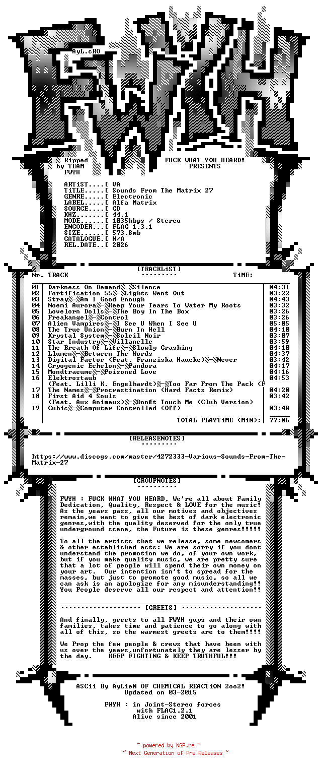 NFO for the release VA-Sounds_From_The_Matrix_27-CD-FLAC-2026-FWYH by FWYH