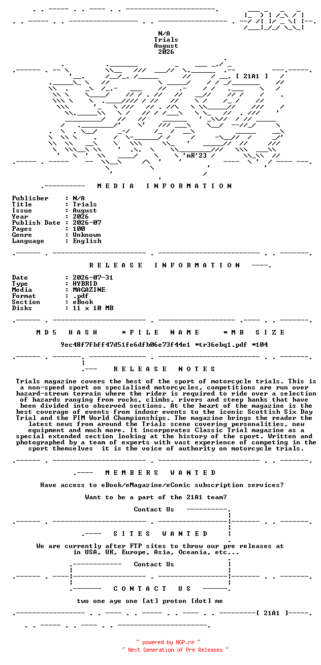 NFO for the release Trials.August.2026.HYBRID.MAGAZINE.eBook-21A1 by 21A1