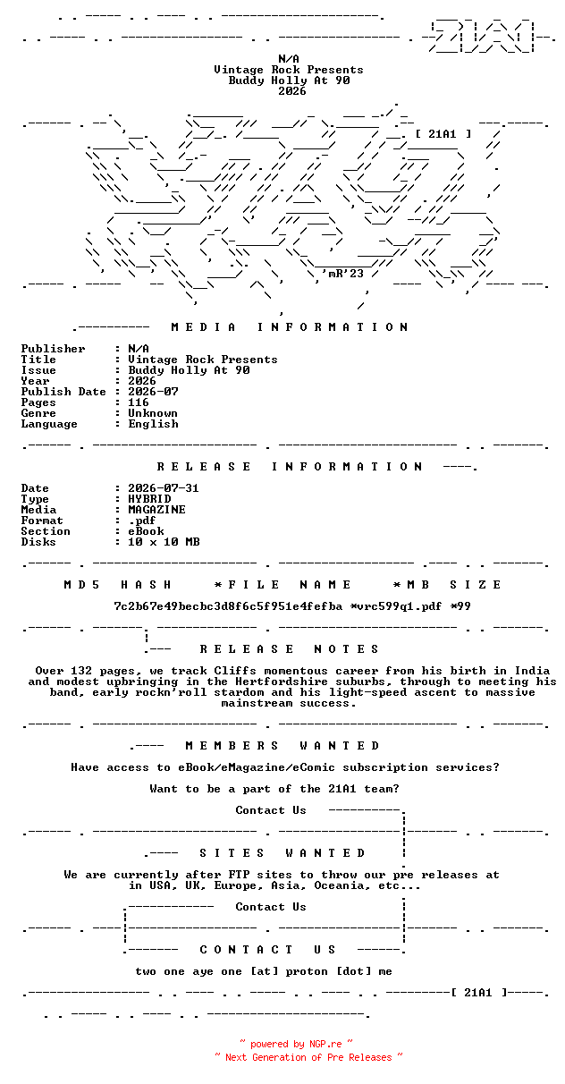NFO for the release Vintage.Rock.Presents.Buddy.Holly.At.90.2026.HYBRID.MAGAZINE.eBook-21A1 by 21A1