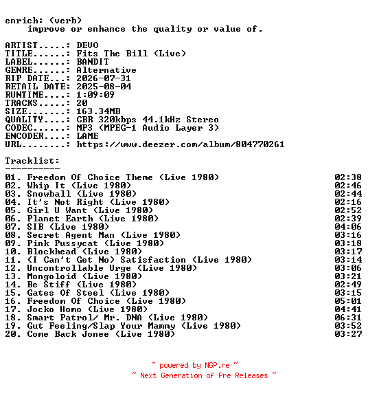 NFO for the release DEVO-Fits_The_Bill_(Live)-WEB-2025-ENRiCH by ENRiCH