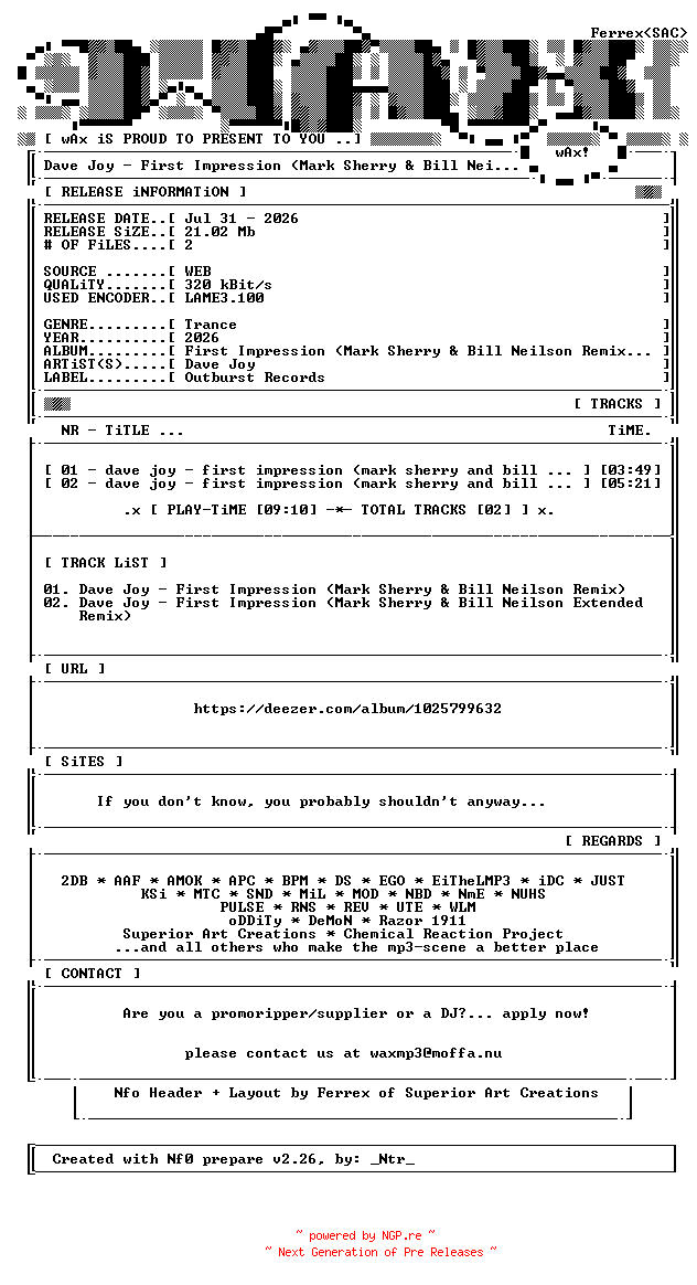 NFO for the release Dave_Joy-First_Impression_(Mark_Sherry_and_Bill_Neilson_Remix)-(OUT307)-WEB-2026-wAx by wAx