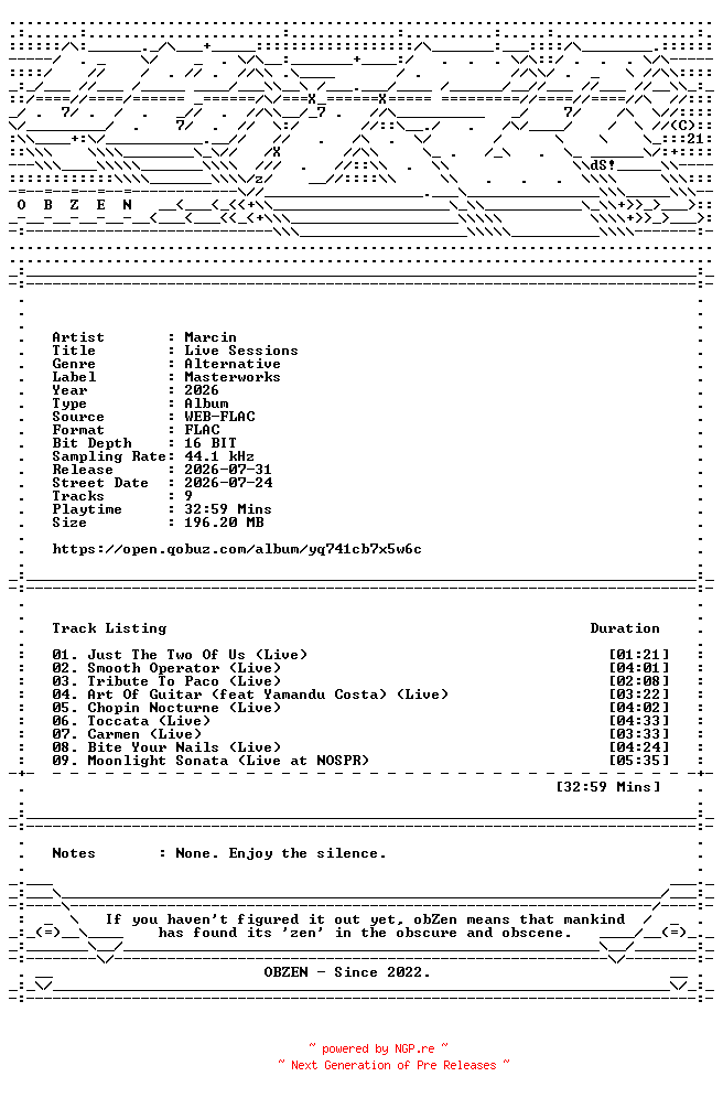 NFO for the release Marcin-Live_Sessions-16BIT-WEB-FLAC-2026-OBZEN by OBZEN