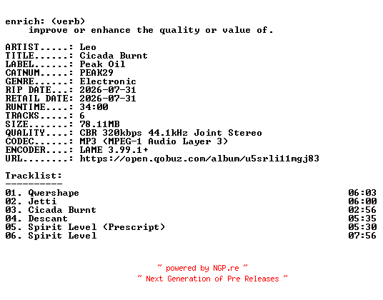 NFO for the release Leo-Cicada_Burnt-(PEAK29)-WEB-2026-ENRiCH by ENRiCH