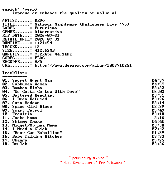 NFO for the release DEVO-Nitrous_Nightmare_(Halloween_Live_75)-16BIT-WEB-FLAC-2026-ENRiCH by ENRiCH