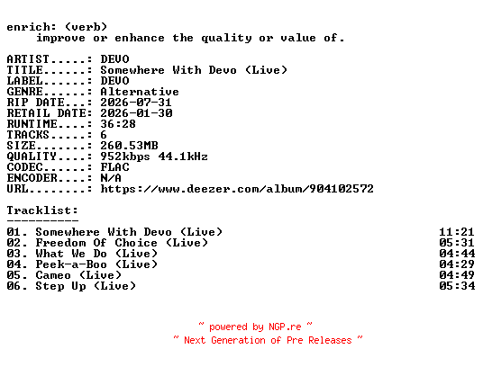 NFO for the release DEVO-Somewhere_With_Devo_(Live)-16BIT-WEB-FLAC-2026-ENRiCH by ENRiCH